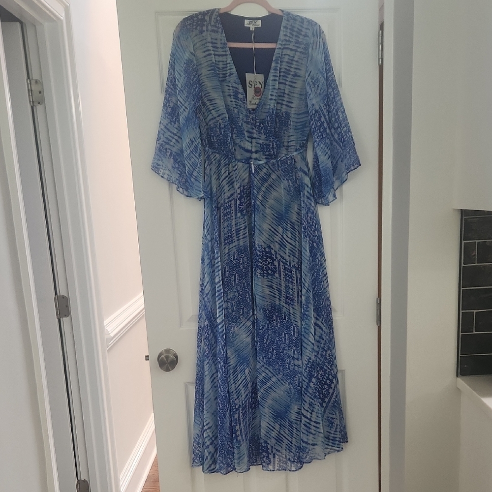 Blue and White Tie Front Maxi Dress with Flutter Sleeves